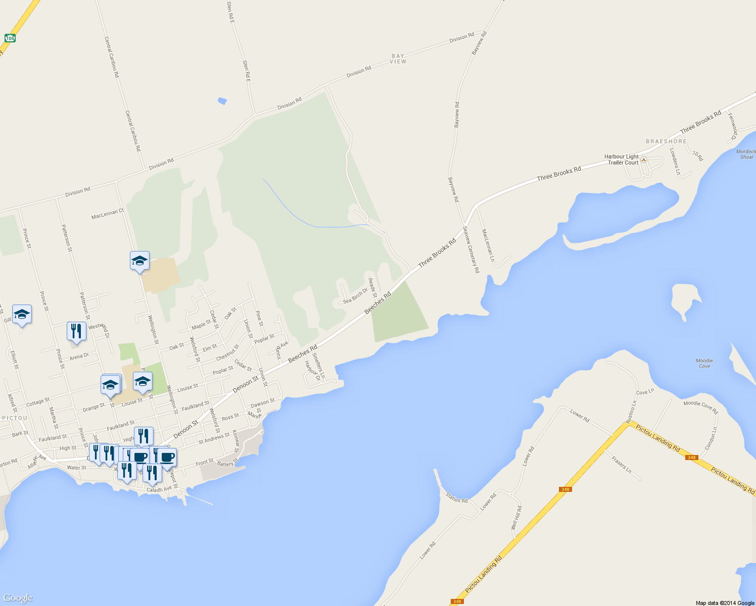 map of restaurants, bars, coffee shops, grocery stores, and more near 321 Beeches Road in Pictou