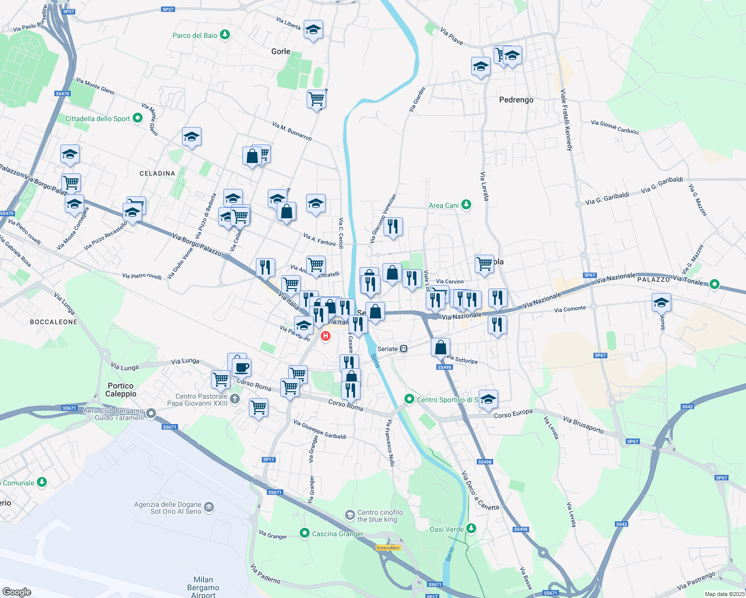 map of restaurants, bars, coffee shops, grocery stores, and more near 19 Via Giacomo Venezian in Seriate