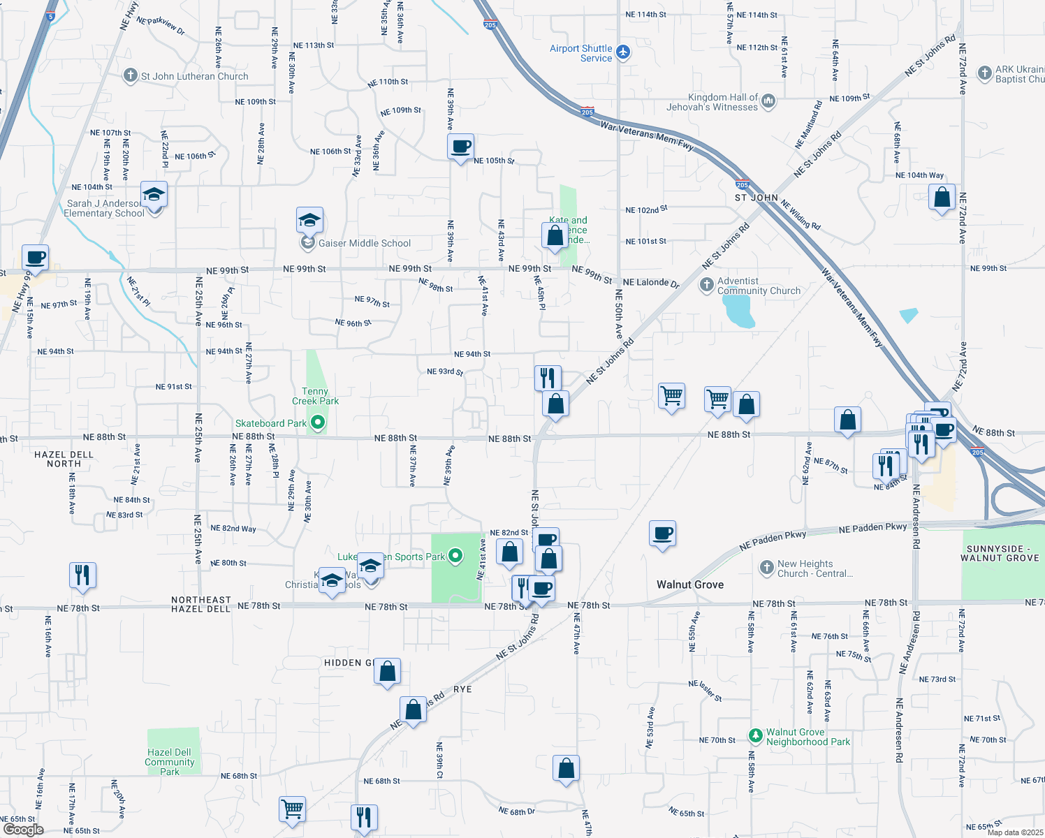map of restaurants, bars, coffee shops, grocery stores, and more near 8910 Northeast 45th Avenue in Vancouver