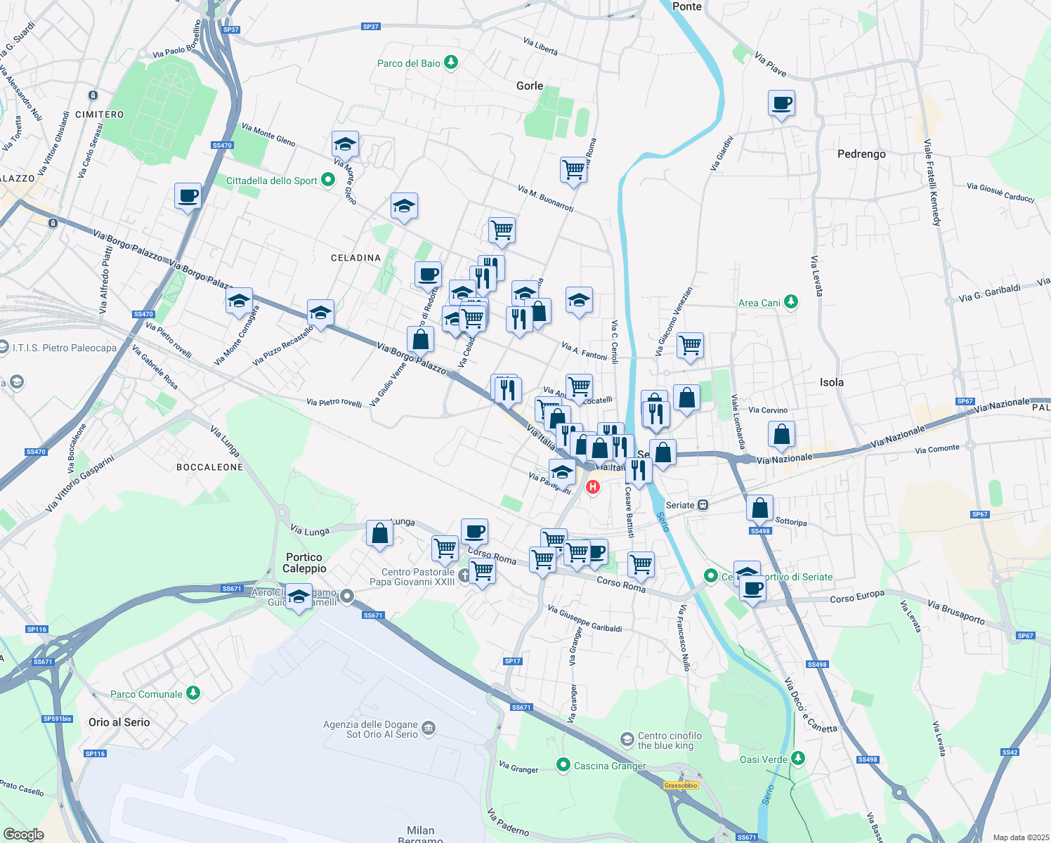map of restaurants, bars, coffee shops, grocery stores, and more near 84 Via Italia in Seriate
