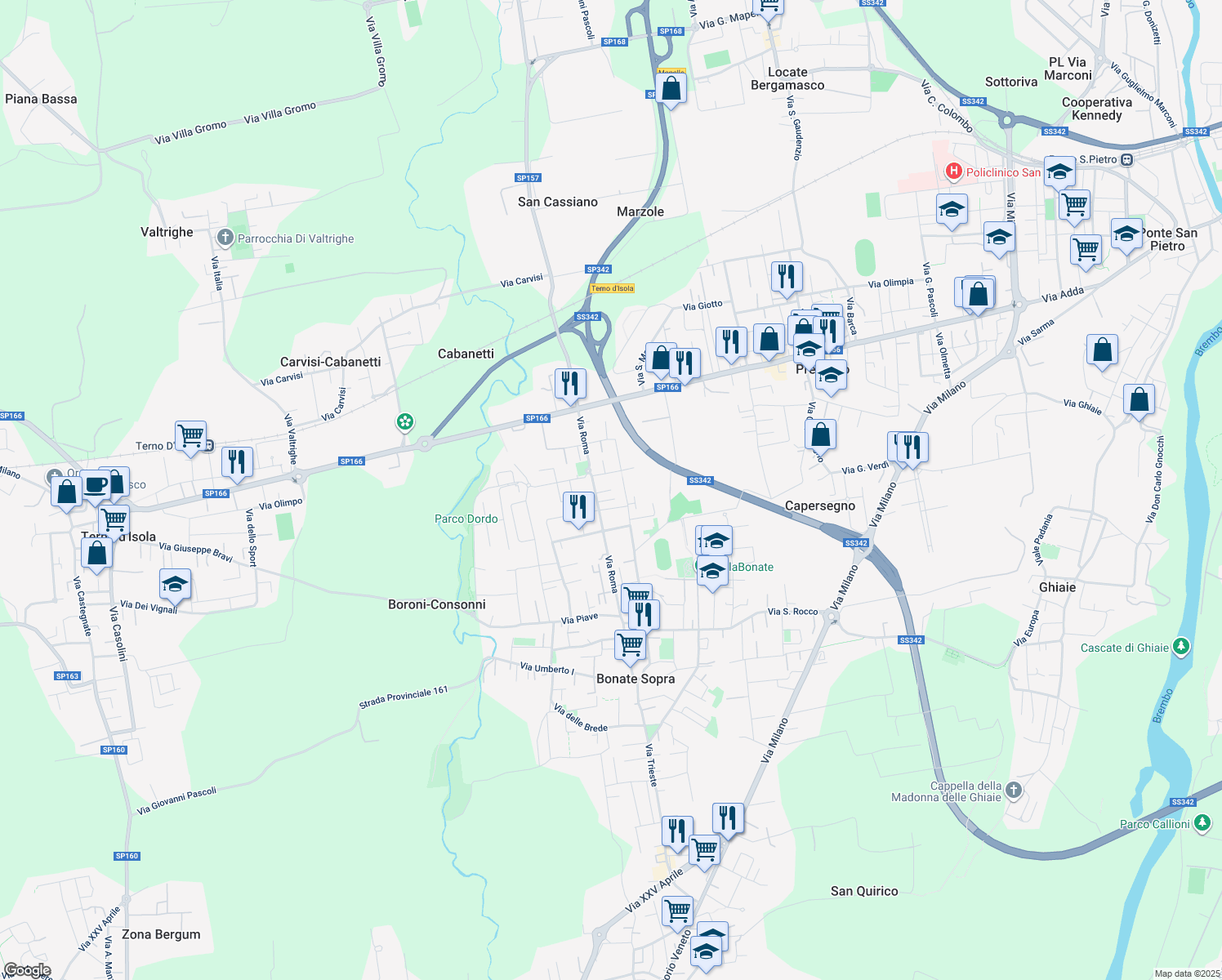 map of restaurants, bars, coffee shops, grocery stores, and more near 64 Via Don Carlo Mazzola in Bonate Sopra