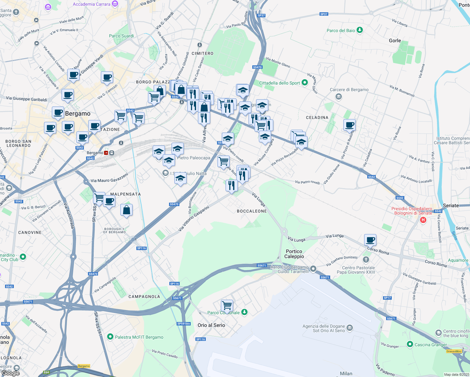 map of restaurants, bars, coffee shops, grocery stores, and more near 3 Via Vittorio Gasparini in Bergamo