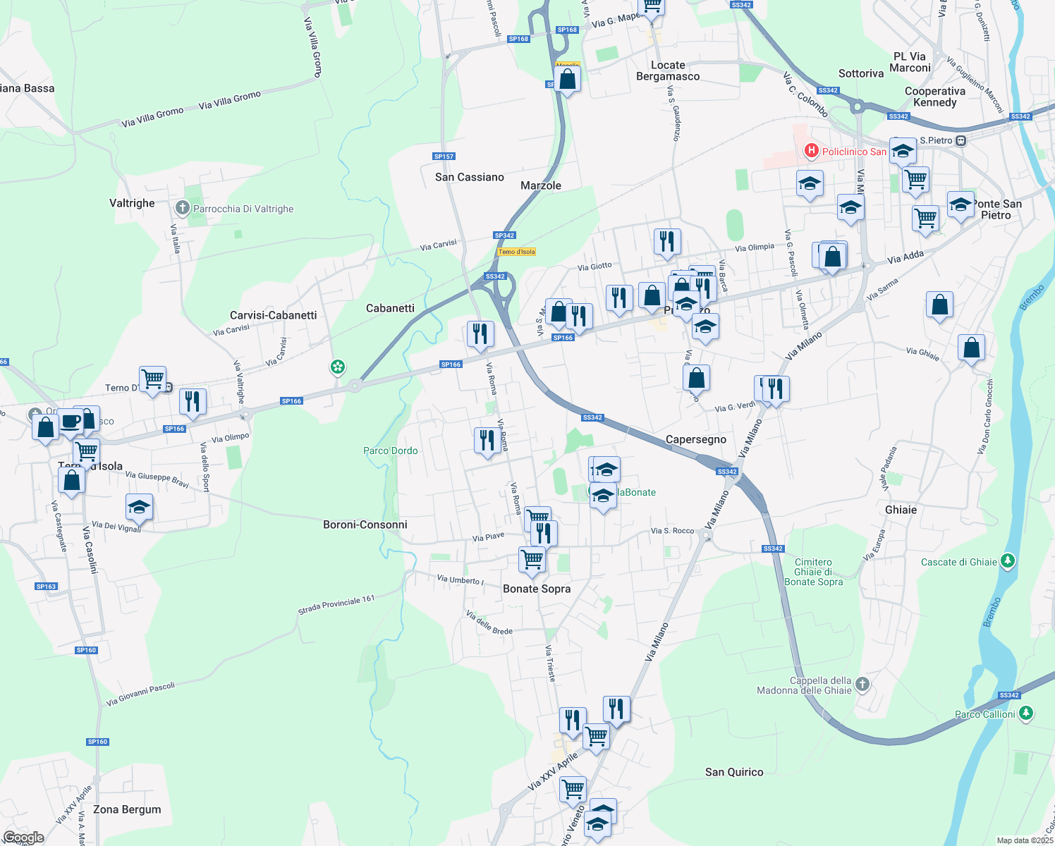 map of restaurants, bars, coffee shops, grocery stores, and more near 64 Via Don Carlo Mazzola in Bonate Sopra