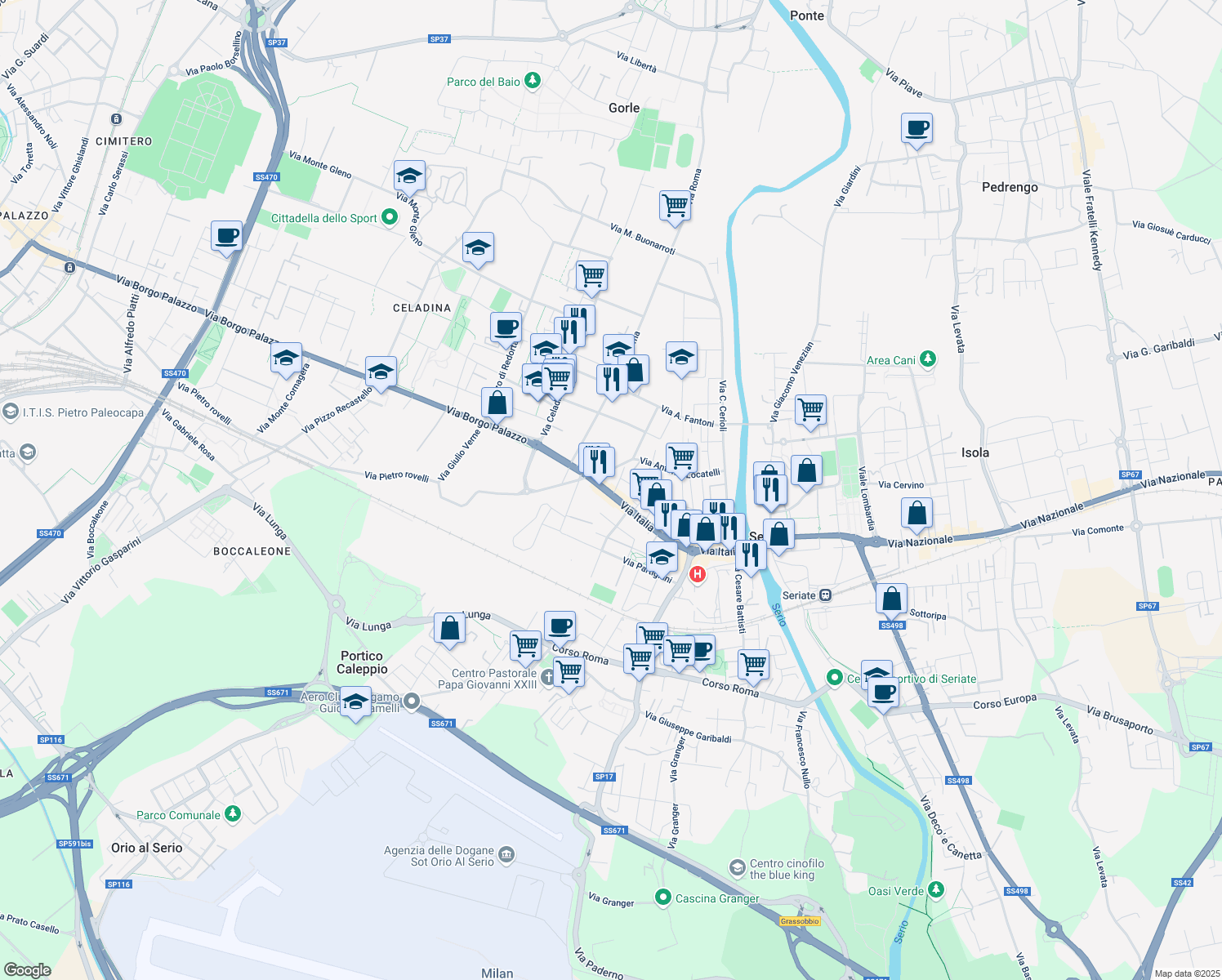 map of restaurants, bars, coffee shops, grocery stores, and more near 84 Via Italia in Seriate
