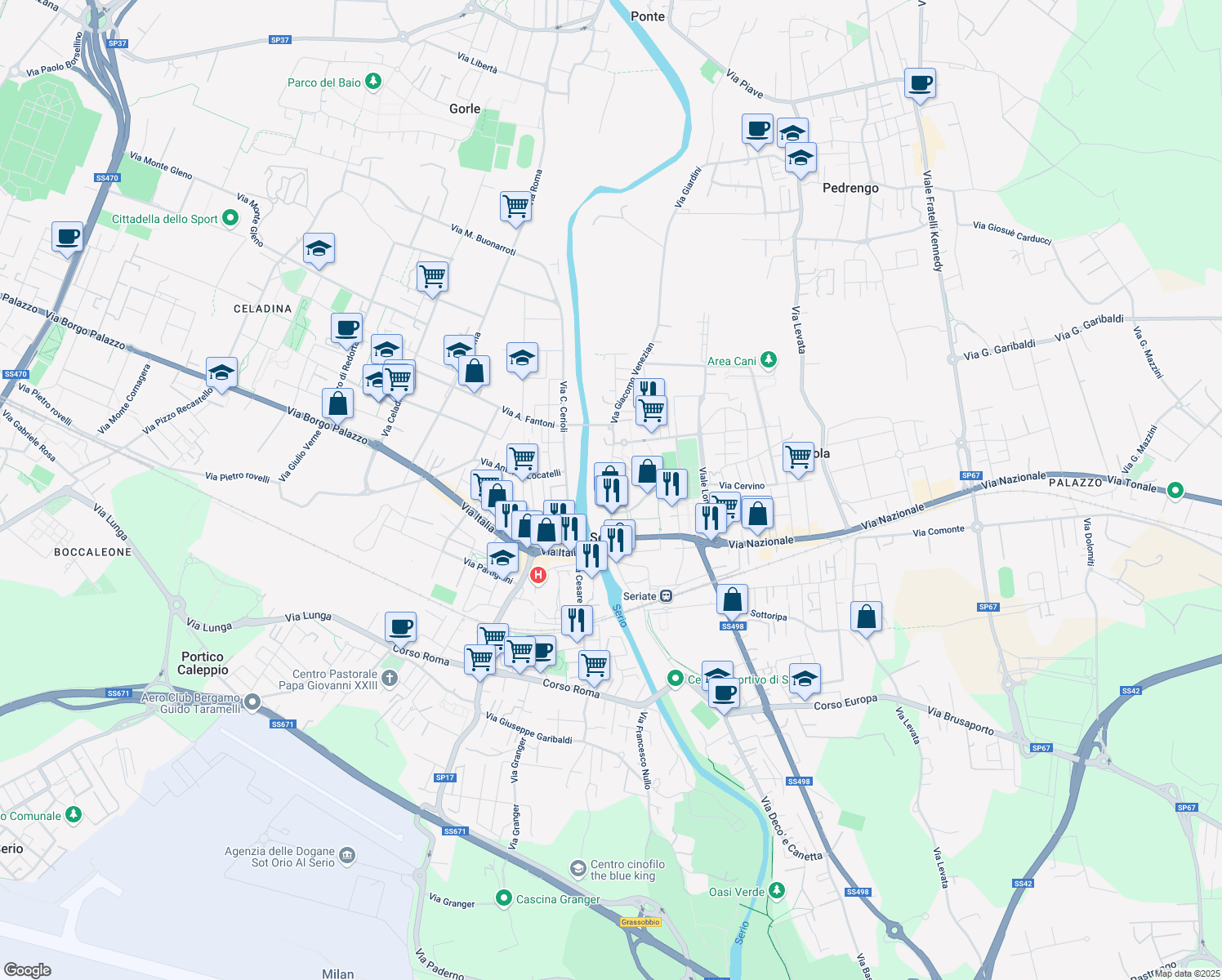 map of restaurants, bars, coffee shops, grocery stores, and more near 19 Via Giacomo Venezian in Seriate