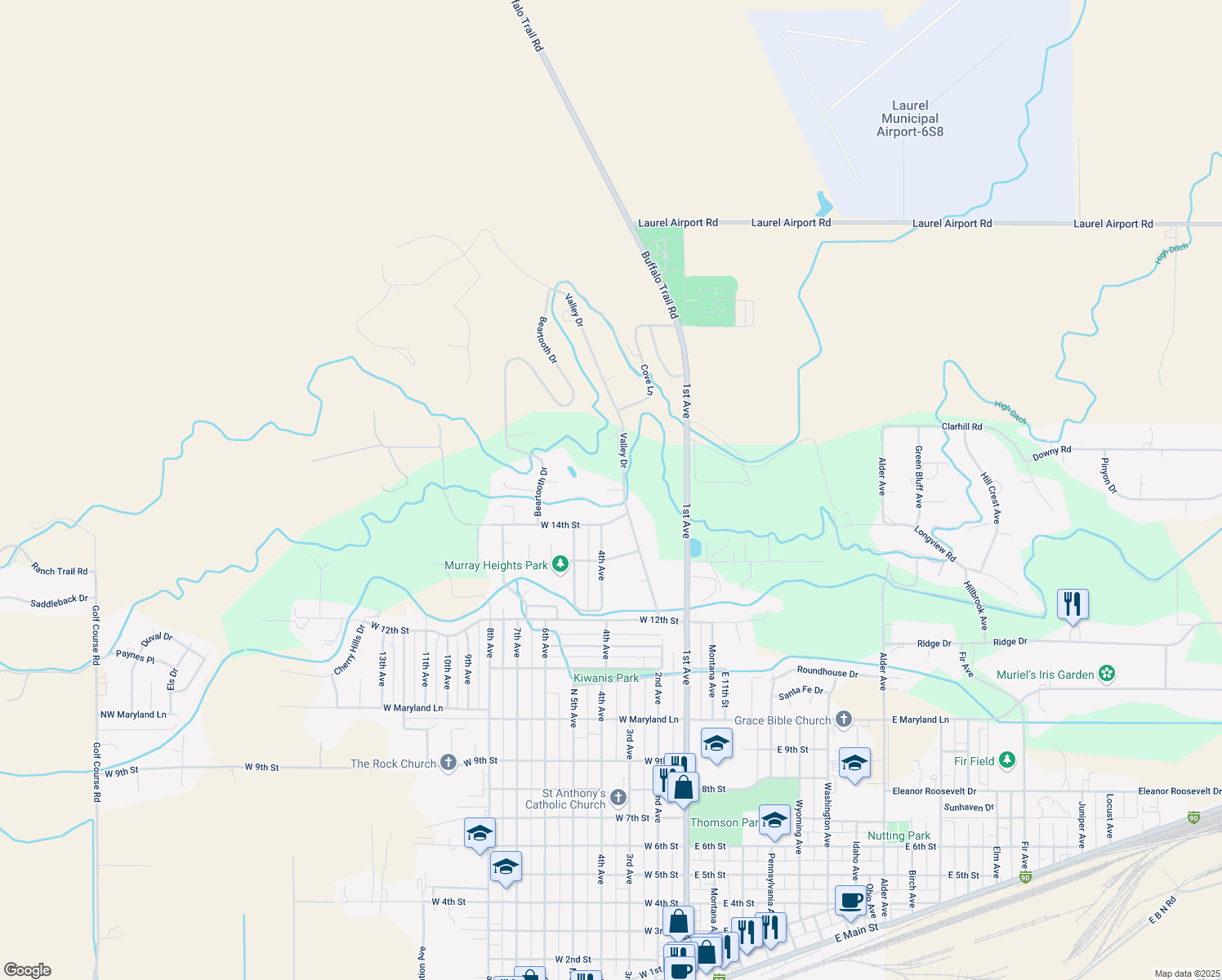 map of restaurants, bars, coffee shops, grocery stores, and more near 1436 Valley Dr in Laurel