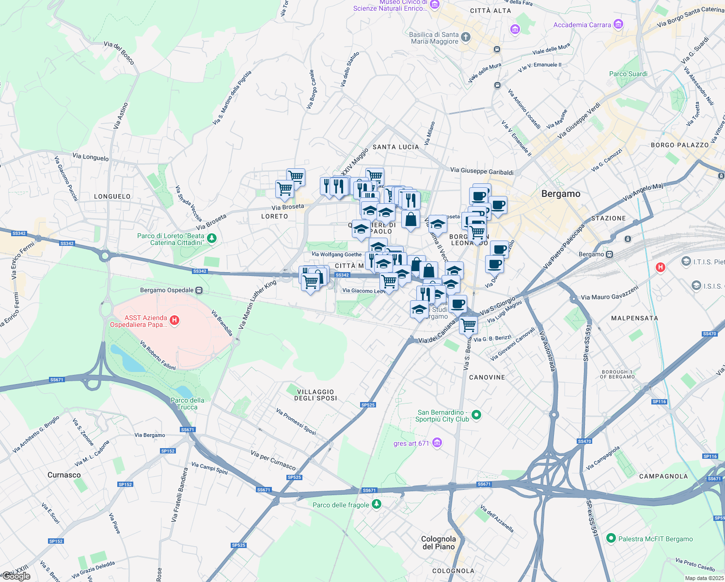 map of restaurants, bars, coffee shops, grocery stores, and more near 14 Via Giacomo Leopardi in Bergamo
