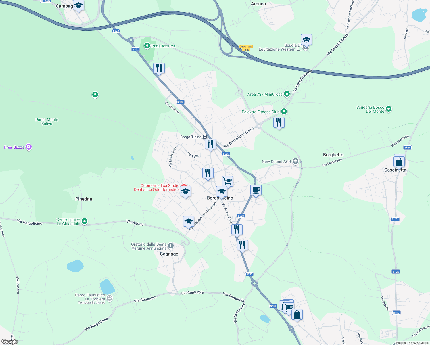 map of restaurants, bars, coffee shops, grocery stores, and more near 20 Piazza Martiri in Borgo Ticino