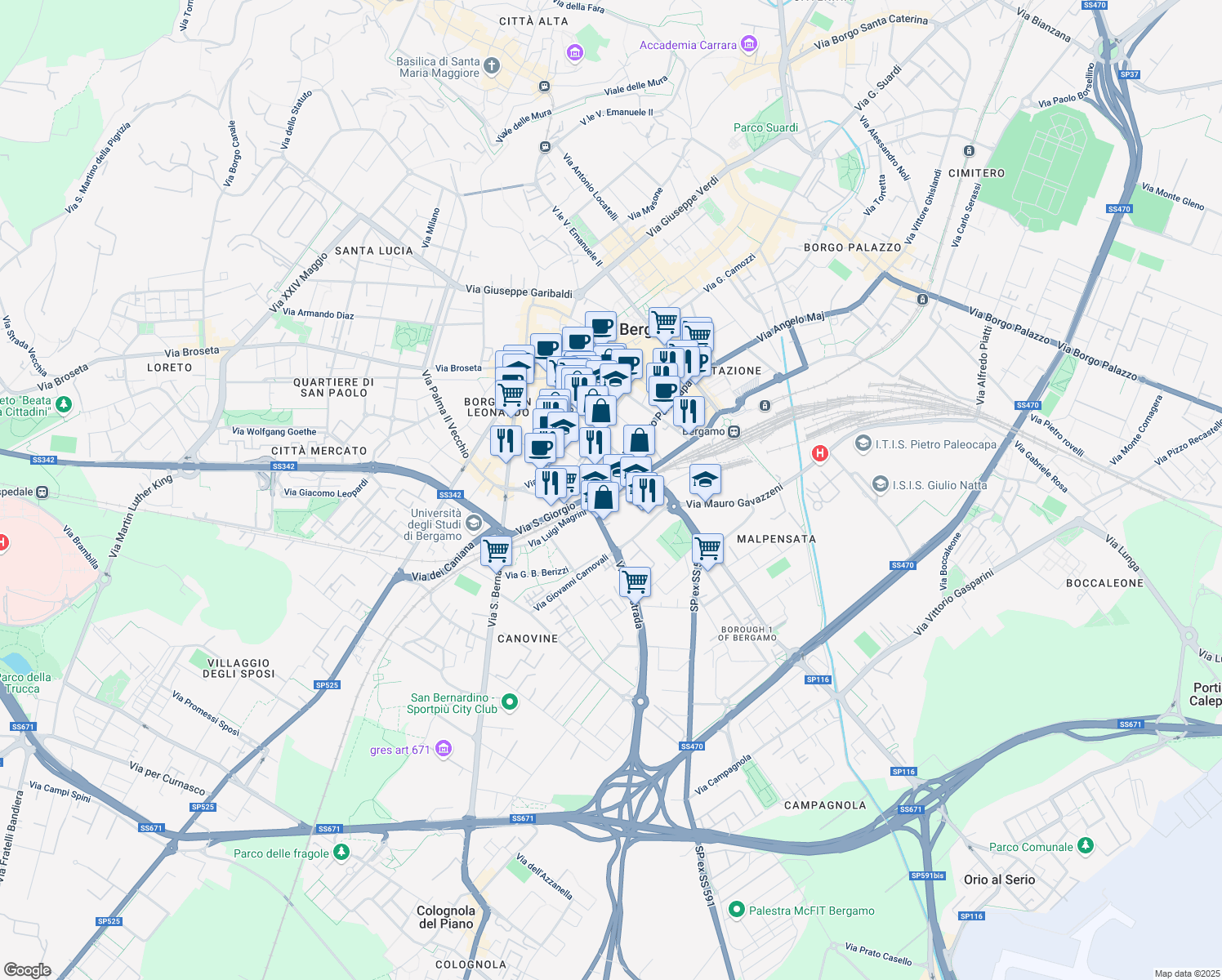 map of restaurants, bars, coffee shops, grocery stores, and more near Via Costantino Simoncini in Bergamo