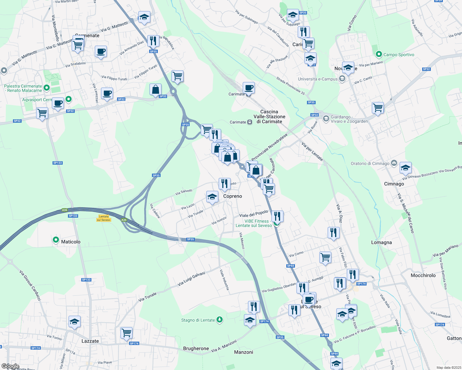 map of restaurants, bars, coffee shops, grocery stores, and more near 19 Via Trieste in Lentate sul Seveso
