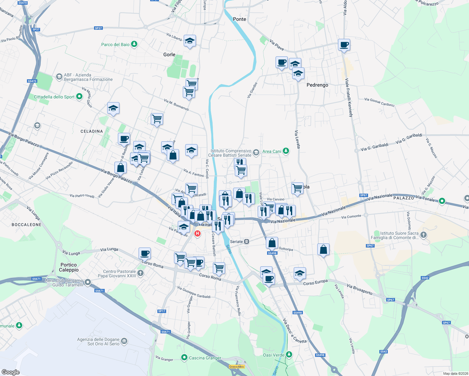 map of restaurants, bars, coffee shops, grocery stores, and more near 6 Via Adamello in Seriate