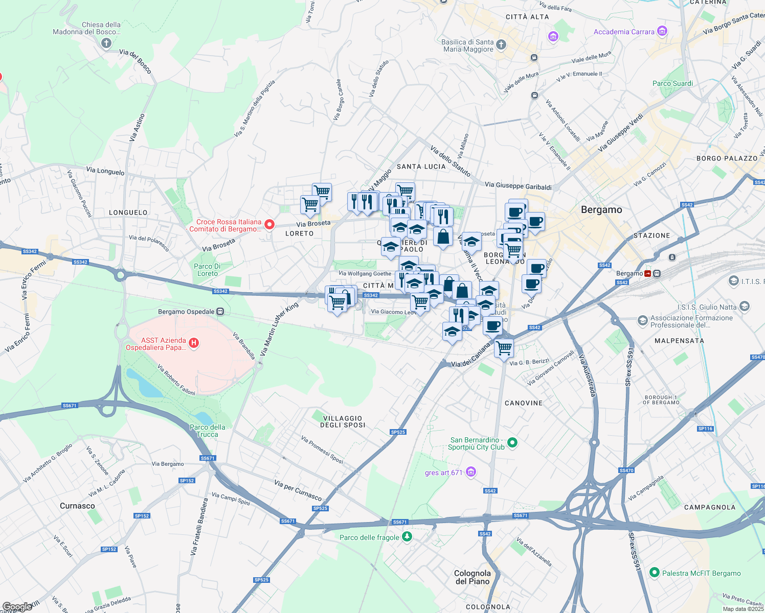 map of restaurants, bars, coffee shops, grocery stores, and more near 14 Via Giacomo Leopardi in Bergamo