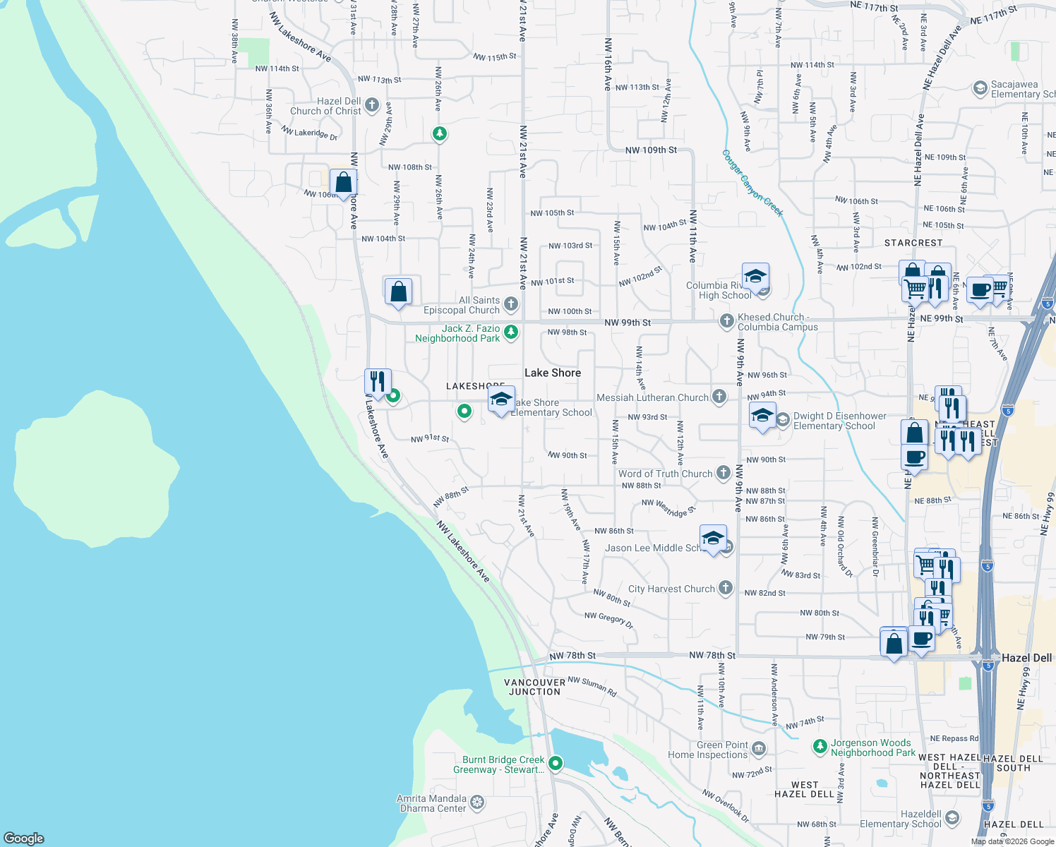 map of restaurants, bars, coffee shops, grocery stores, and more near 9119 Northwest 21st Avenue in Vancouver