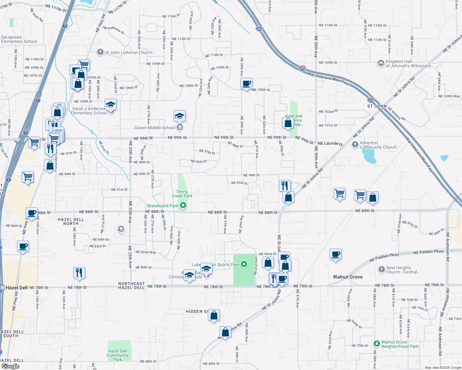 map of restaurants, bars, coffee shops, grocery stores, and more near 3707 Northeast 93rd Street in Vancouver