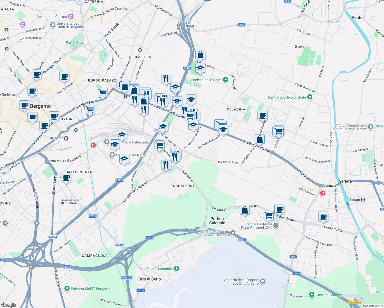 map of restaurants, bars, coffee shops, grocery stores, and more near 13 Via Pizzo Recastello in Bergamo