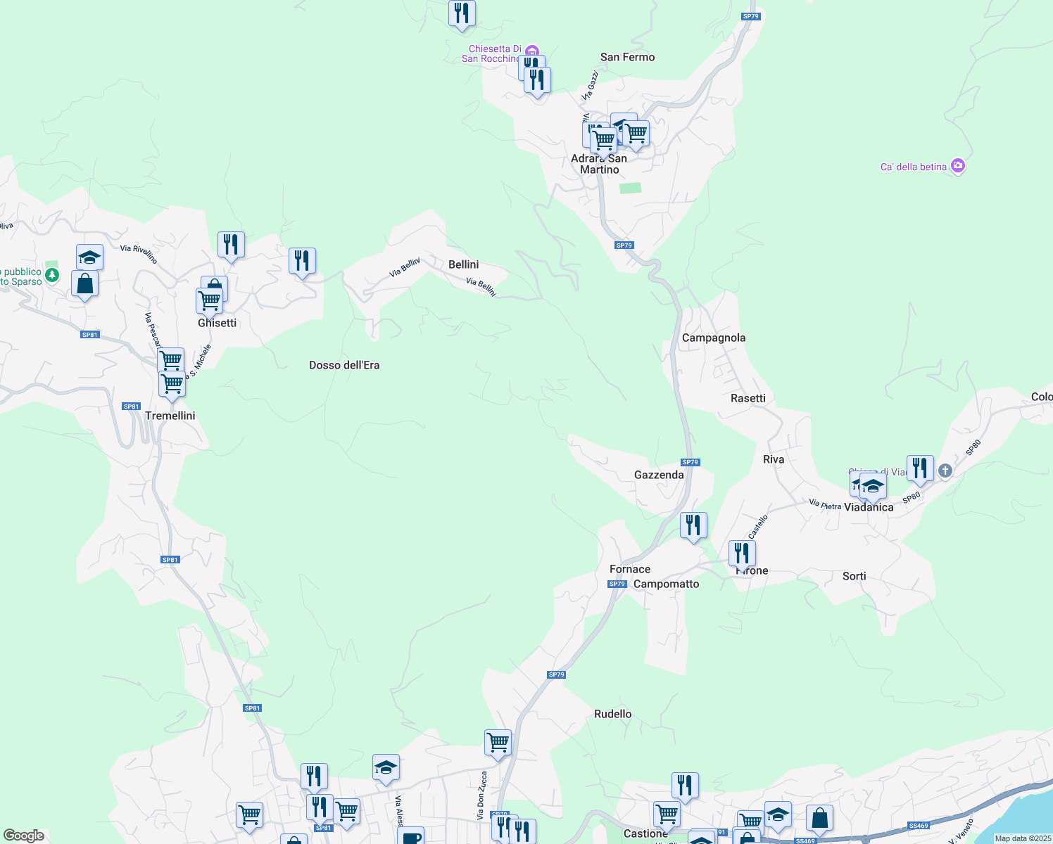 map of restaurants, bars, coffee shops, grocery stores, and more near 25 Via Brugali in Torre De' Roveri