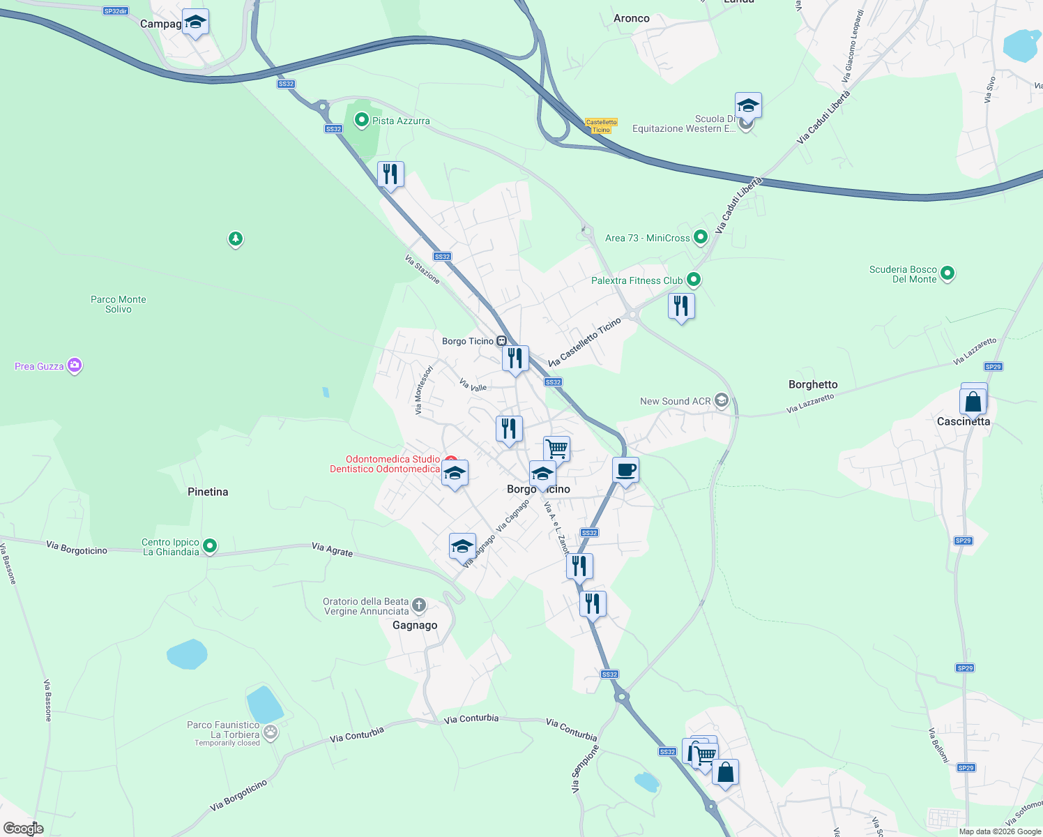 map of restaurants, bars, coffee shops, grocery stores, and more near 20 Piazza Martiri in Borgo Ticino
