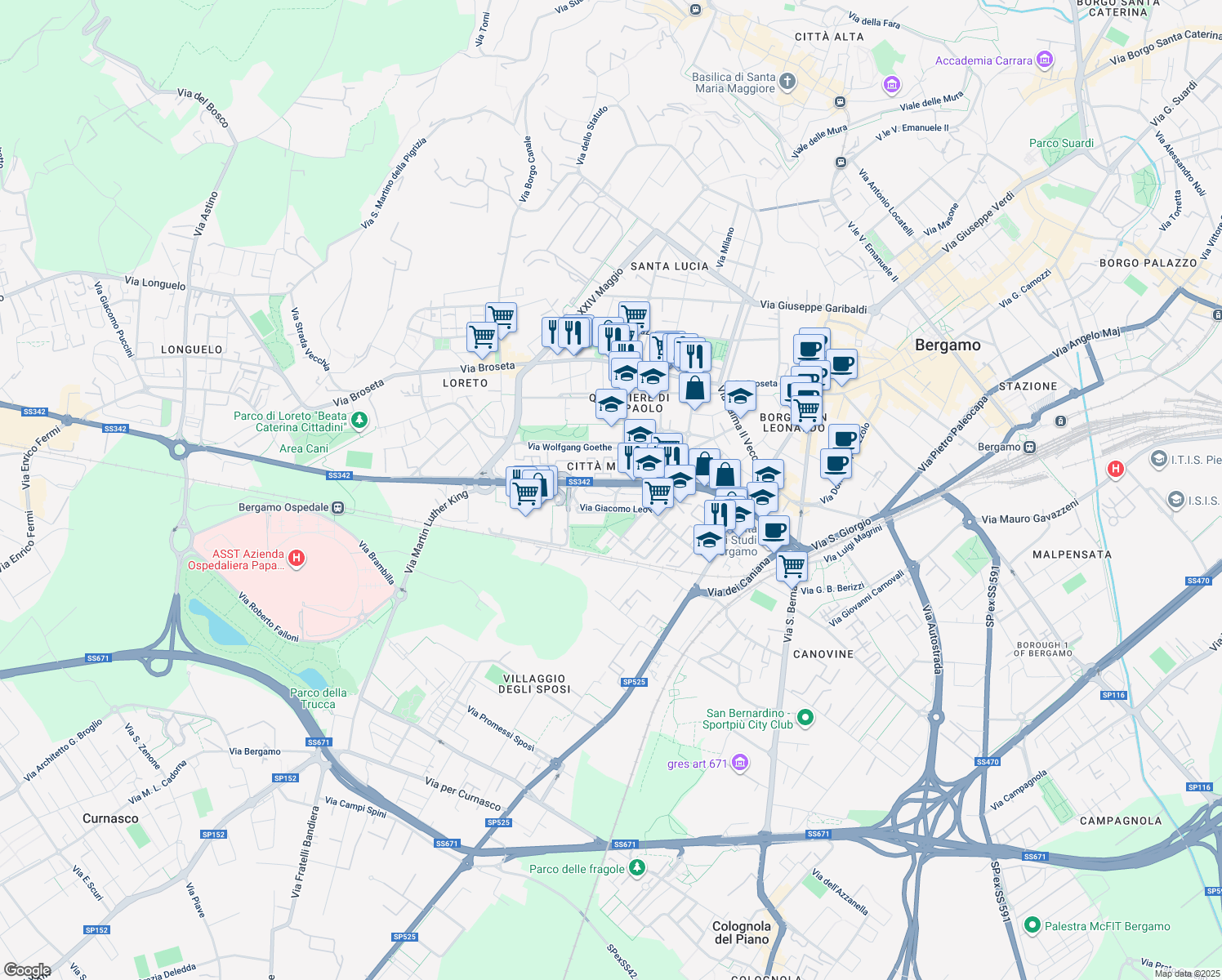 map of restaurants, bars, coffee shops, grocery stores, and more near 14 Via Giacomo Leopardi in Bergamo