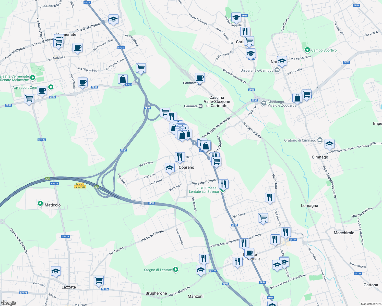 map of restaurants, bars, coffee shops, grocery stores, and more near 19 Via Trieste in Lentate Sul Seveso