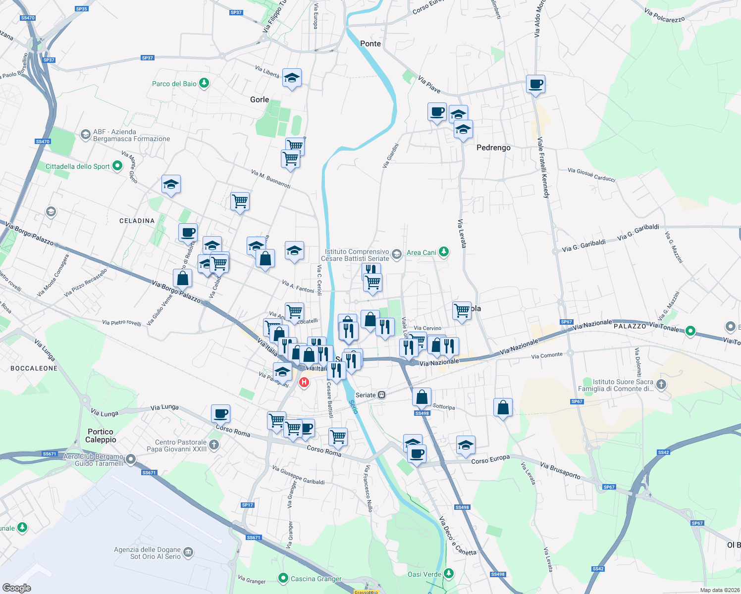map of restaurants, bars, coffee shops, grocery stores, and more near 6 Via Adamello in Seriate