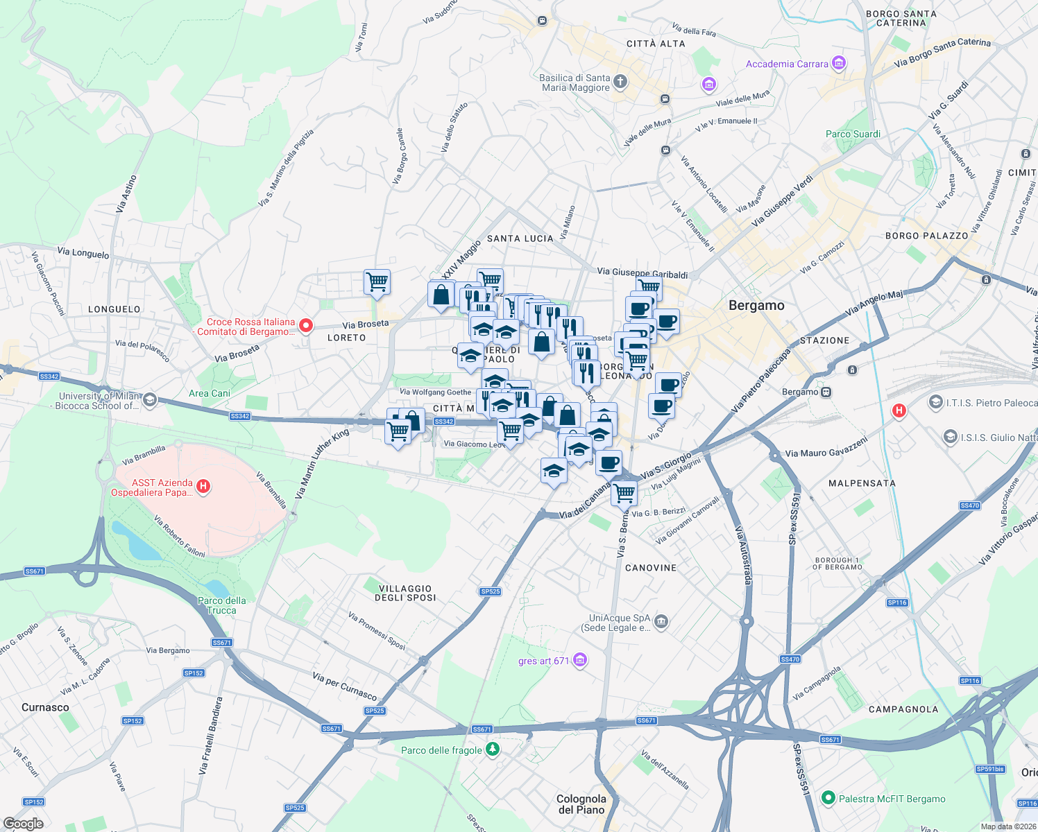 map of restaurants, bars, coffee shops, grocery stores, and more near 1 Via dei Bettera in Bergamo