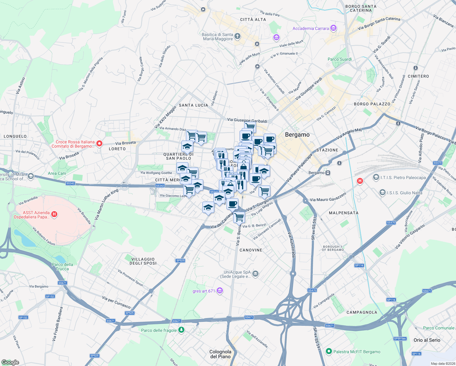 map of restaurants, bars, coffee shops, grocery stores, and more near 172 Via Giovanni Battista Moroni in Bergamo