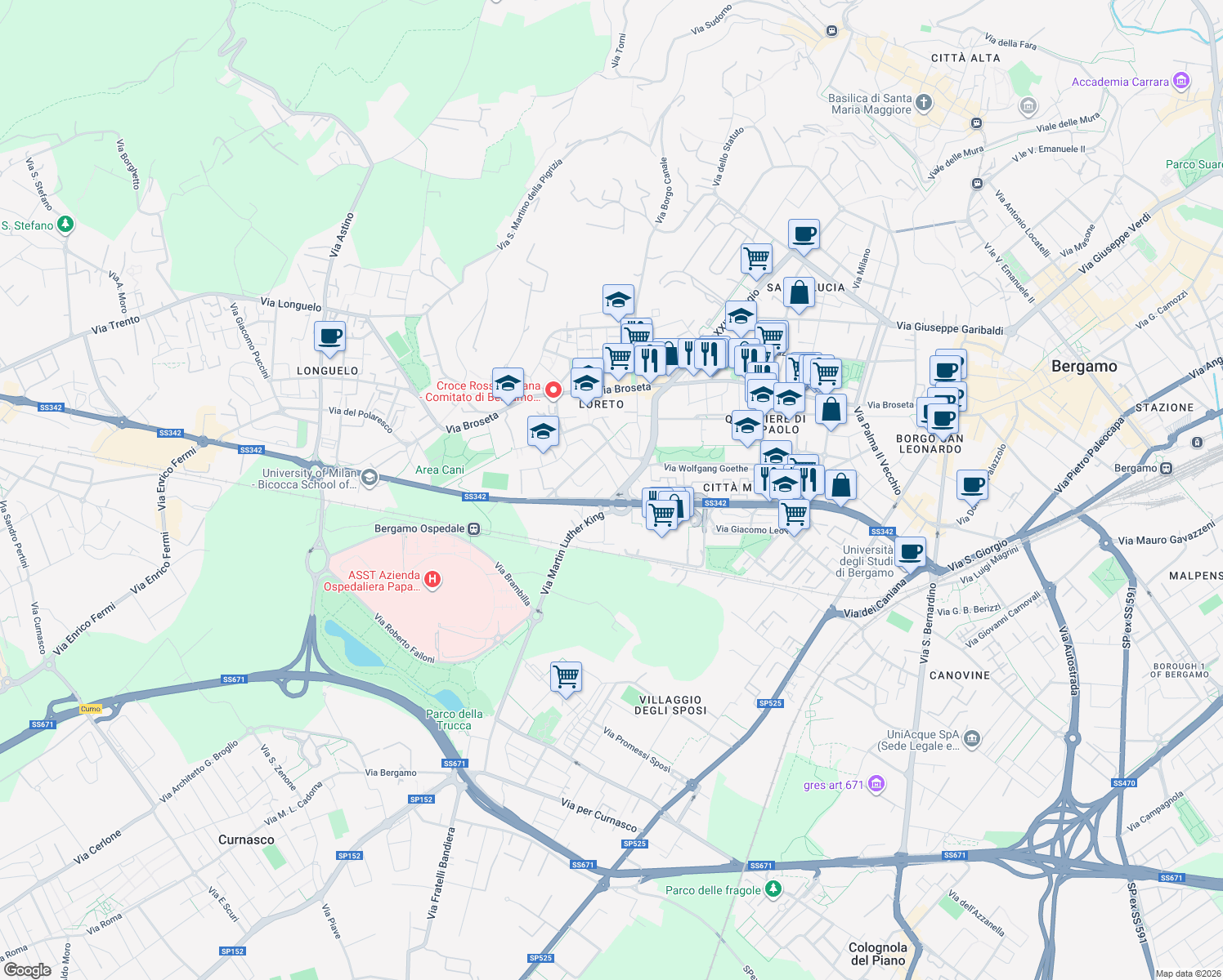 map of restaurants, bars, coffee shops, grocery stores, and more near 2-8 Via Salvo D'Acquisto in Bergamo
