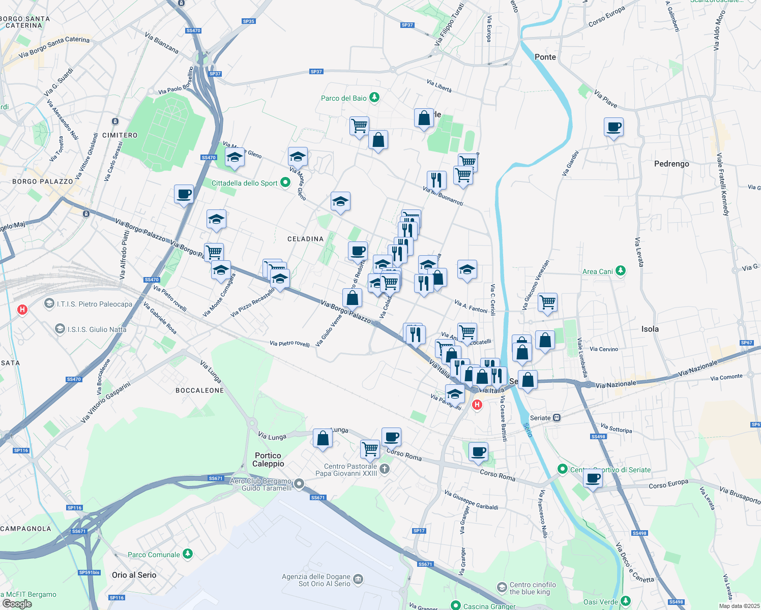 map of restaurants, bars, coffee shops, grocery stores, and more near in Bergamo