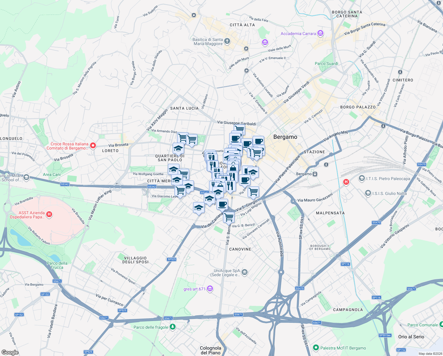 map of restaurants, bars, coffee shops, grocery stores, and more near 172 Via Gianbattista Moroni in Bergamo