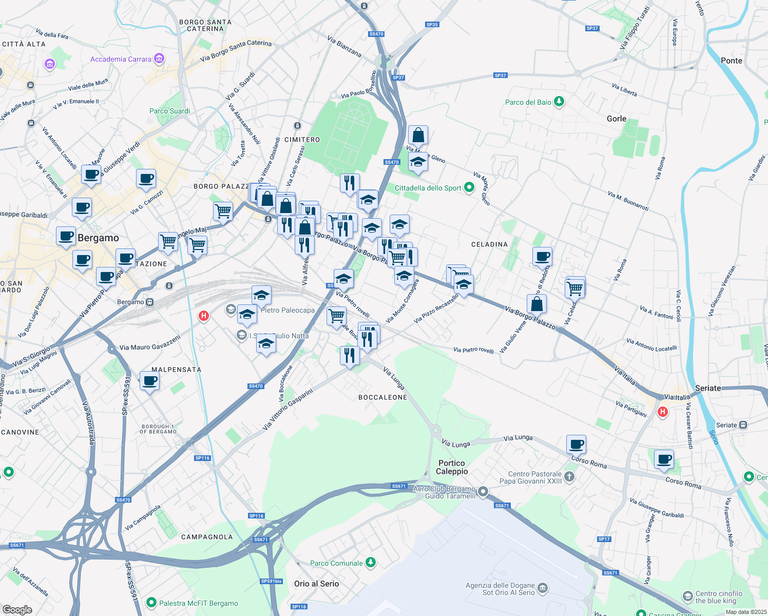 map of restaurants, bars, coffee shops, grocery stores, and more near 14 Via Leone Tolstoj in Bergamo