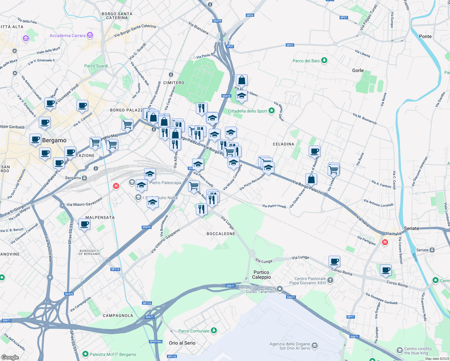 map of restaurants, bars, coffee shops, grocery stores, and more near 14 Via Leone Tolstoj in Bergamo