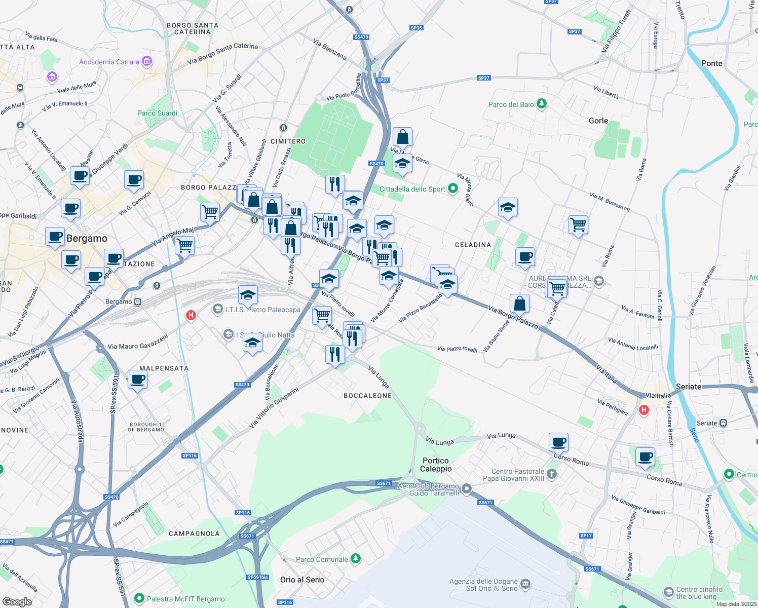 map of restaurants, bars, coffee shops, grocery stores, and more near in Province of Bergamo