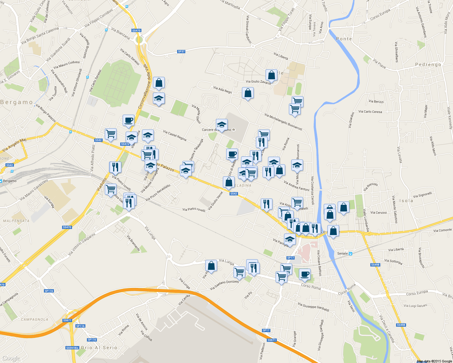 map of restaurants, bars, coffee shops, grocery stores, and more near 27 Via Pizzo di Redorta in Bergamo