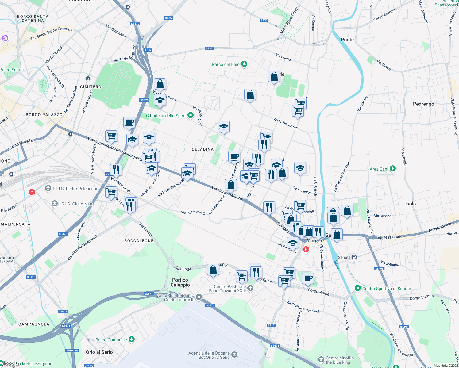 map of restaurants, bars, coffee shops, grocery stores, and more near 27 Via Pizzo di Redorta in Bergamo