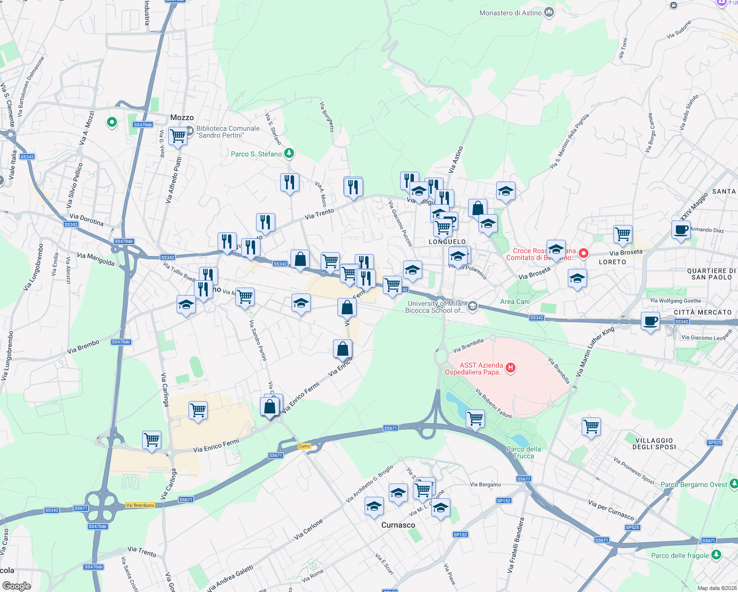 map of restaurants, bars, coffee shops, grocery stores, and more near 48 Via Enrico Fermi in Bergamo