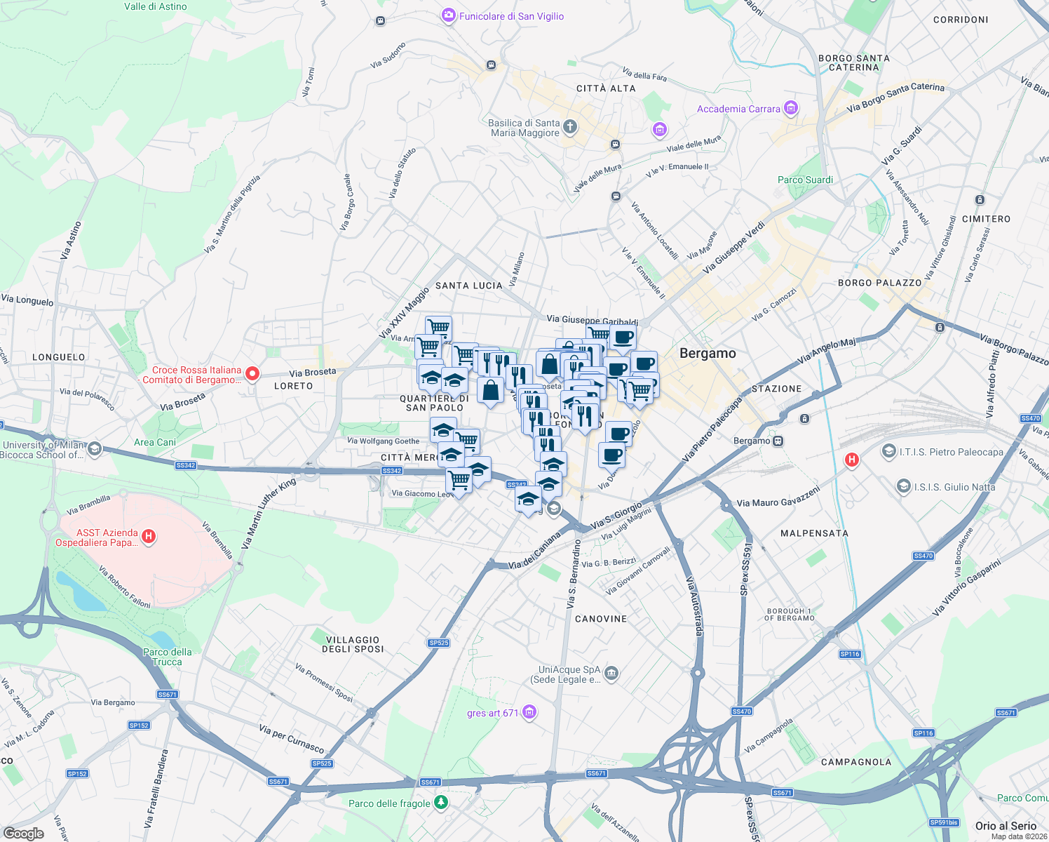 map of restaurants, bars, coffee shops, grocery stores, and more near 85 Via Palma Il Vecchio in Bergamo