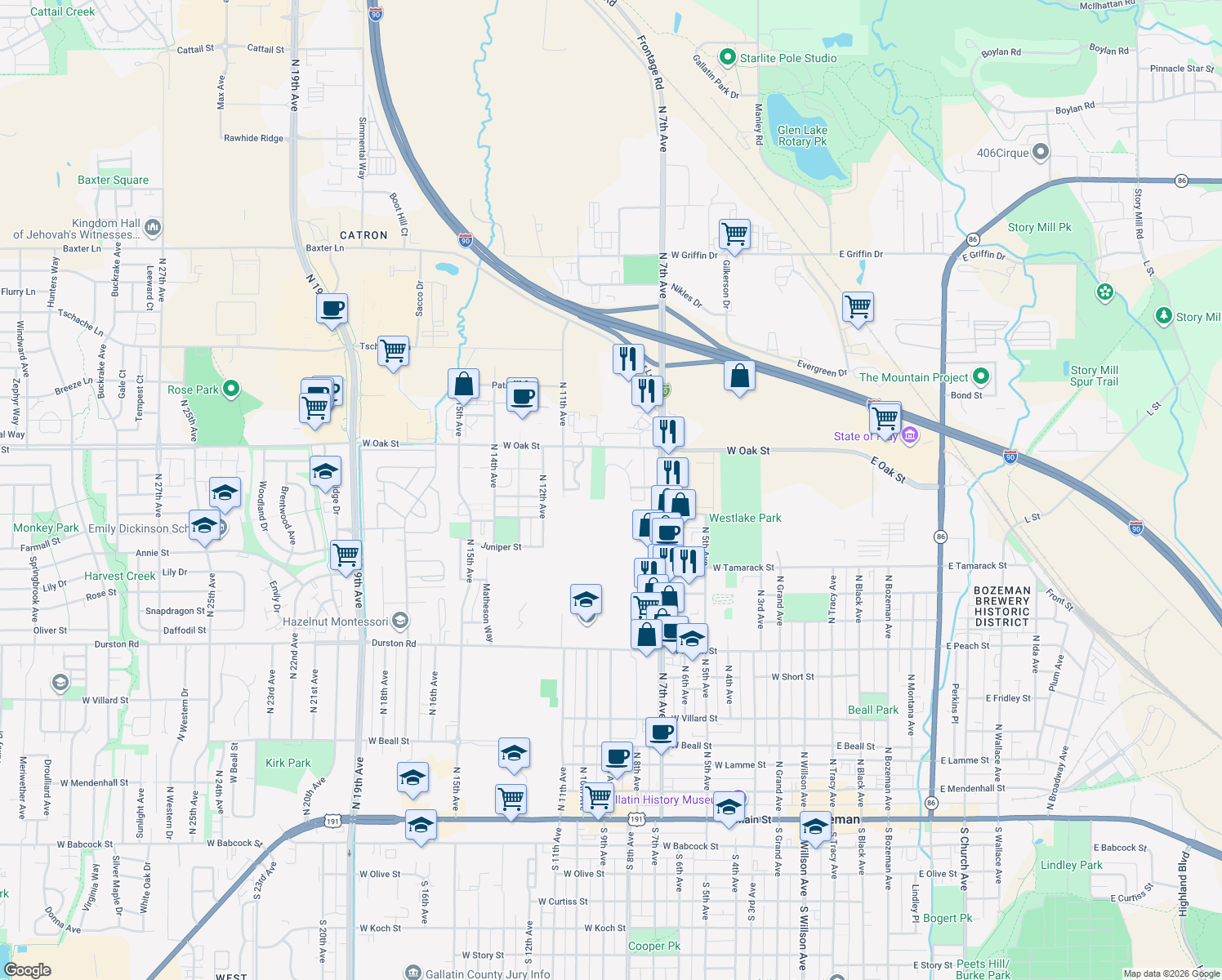 map of restaurants, bars, coffee shops, grocery stores, and more near 1120 N 9th Ave in Bozeman