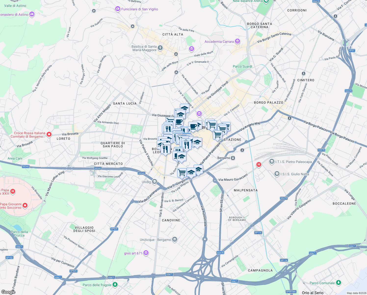 map of restaurants, bars, coffee shops, grocery stores, and more near 13 Via Giacomo Quarenghi in Bergamo