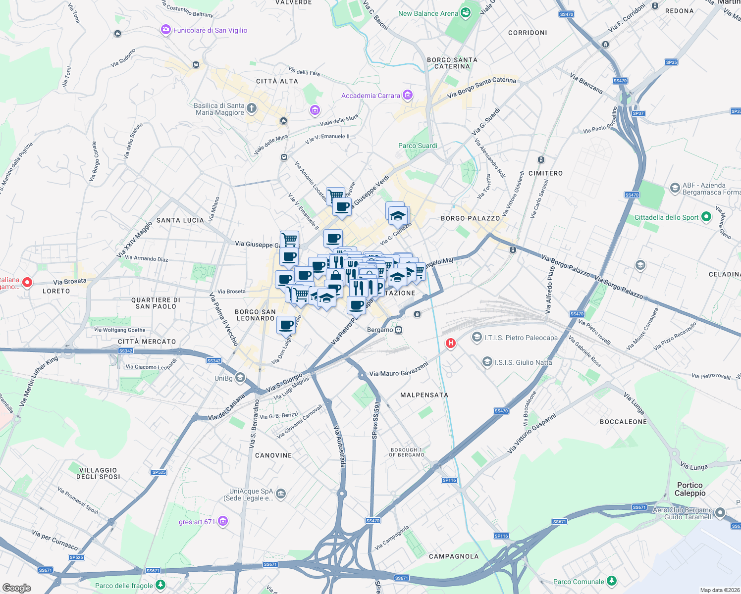 map of restaurants, bars, coffee shops, grocery stores, and more near 82 Viale Papa Giovanni XXIII in Bergamo