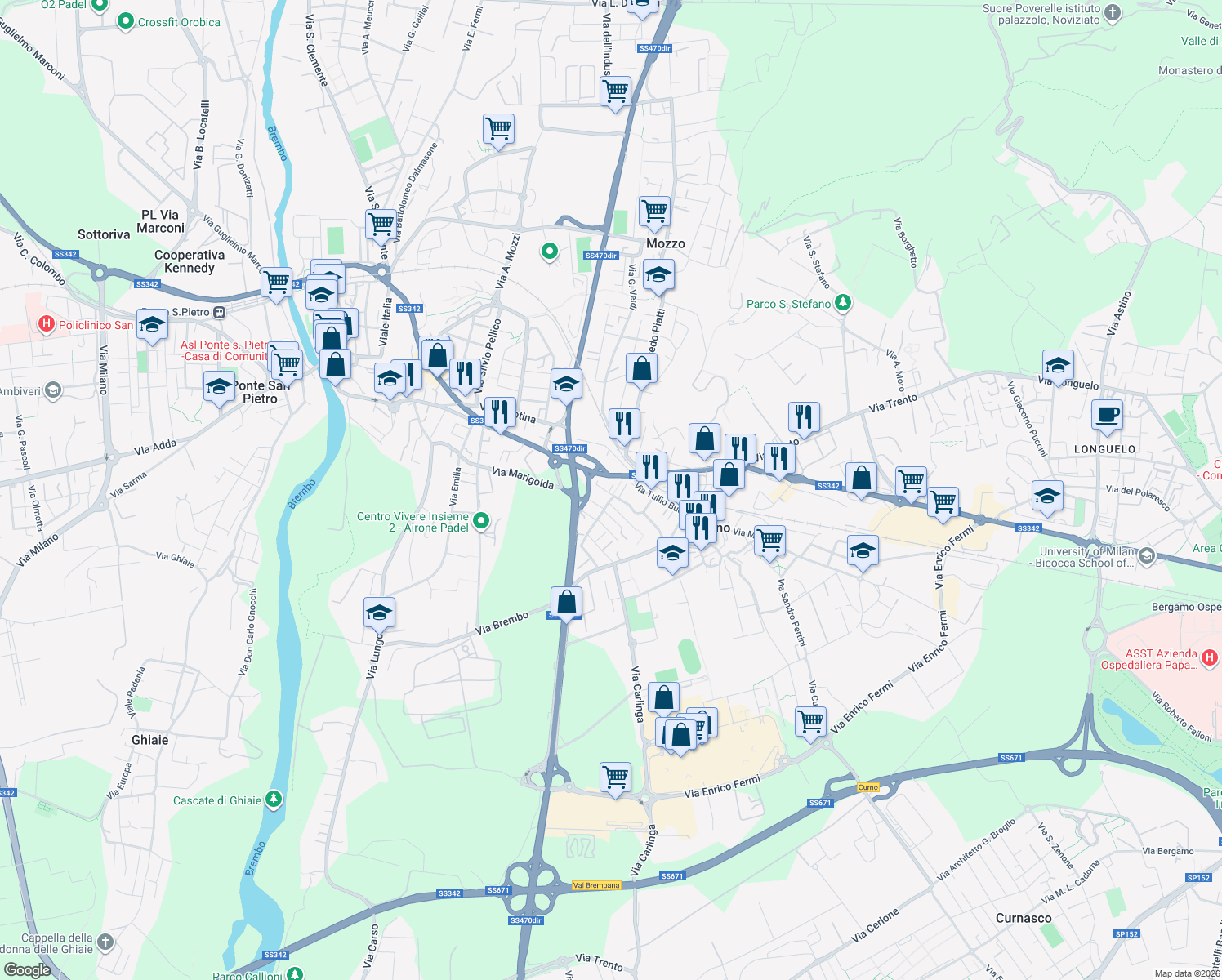 map of restaurants, bars, coffee shops, grocery stores, and more near 44 Via Repubblica in Curno