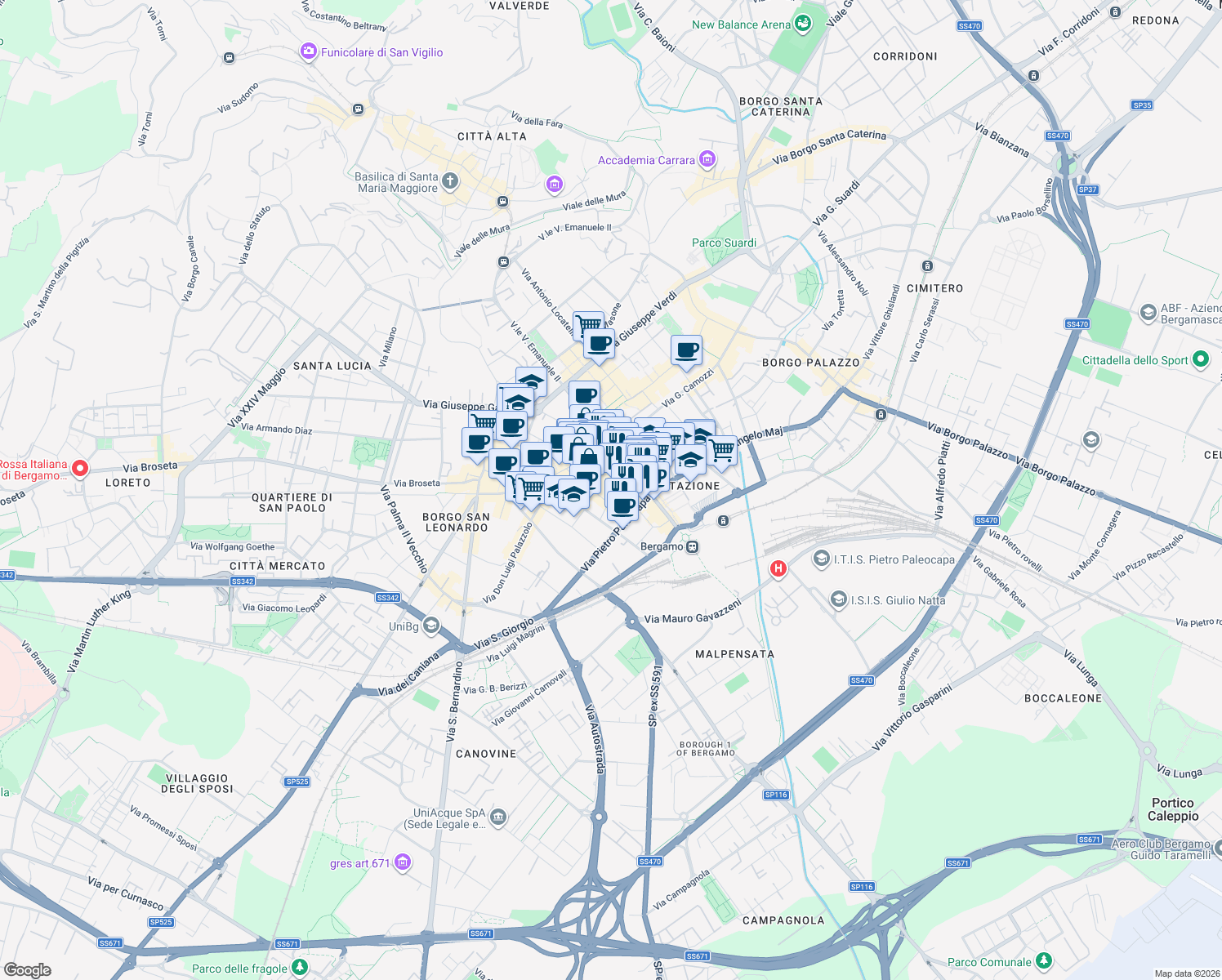 map of restaurants, bars, coffee shops, grocery stores, and more near 5 Via Guglielmo D'Alzano in Bergamo