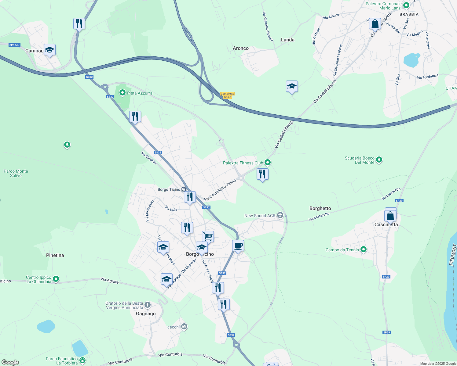map of restaurants, bars, coffee shops, grocery stores, and more near 47 Via Castelletto Ticino in Borgo Ticino