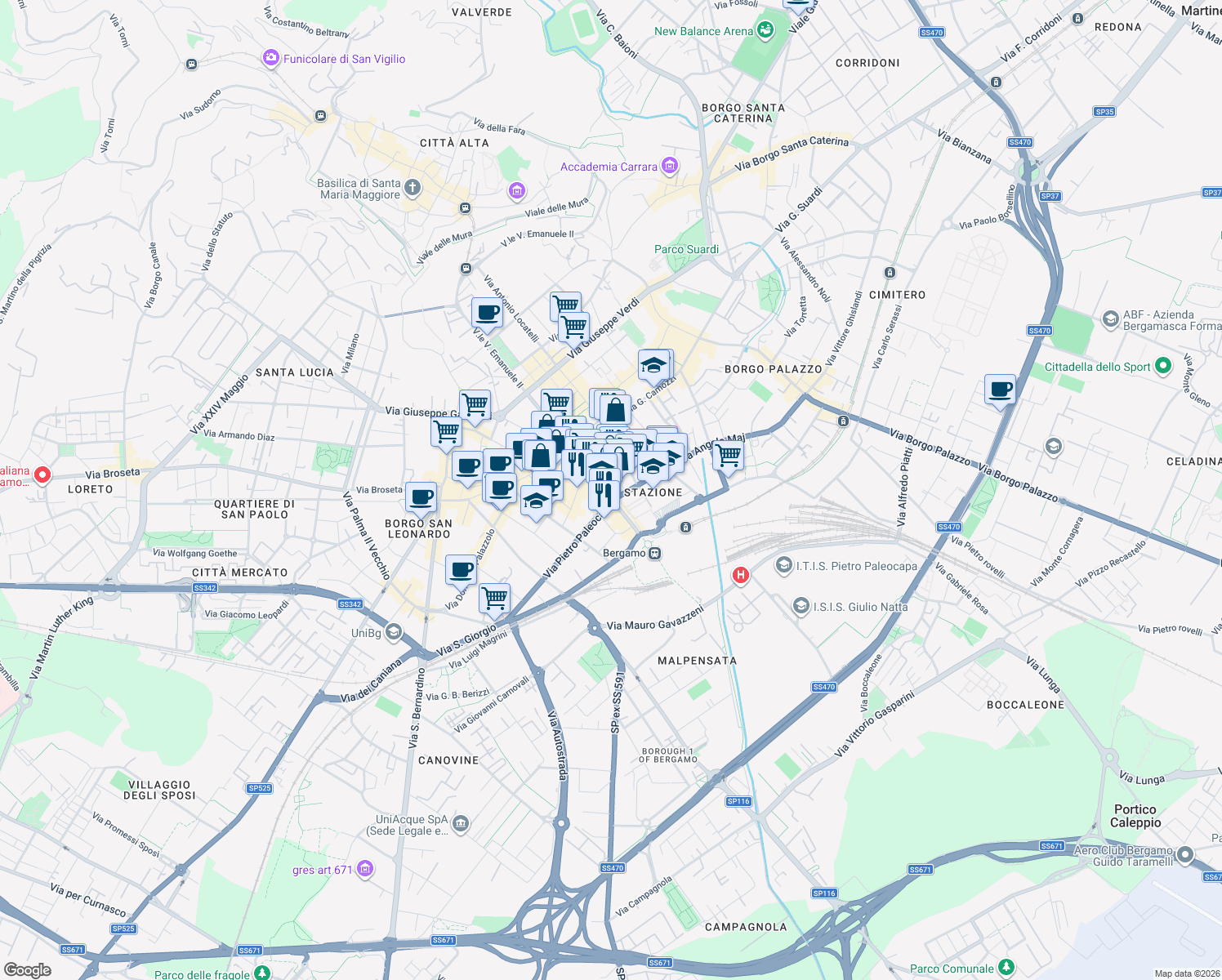 map of restaurants, bars, coffee shops, grocery stores, and more near 82 Viale Papa Giovanni XXIII in Bergamo