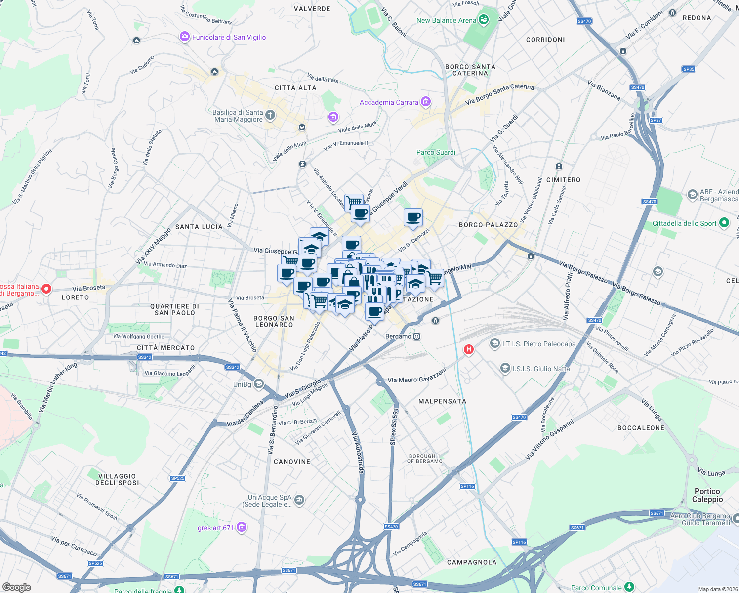 map of restaurants, bars, coffee shops, grocery stores, and more near 5 Via Guglielmo D'Alzano in Bergamo