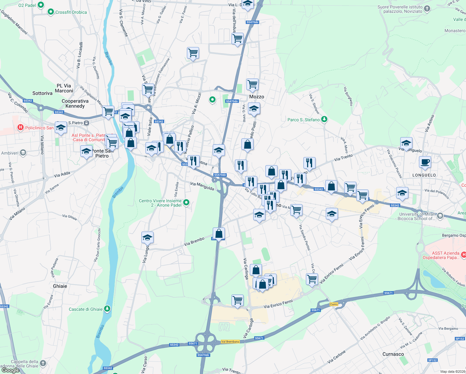 map of restaurants, bars, coffee shops, grocery stores, and more near 44 Via Repubblica in Curno