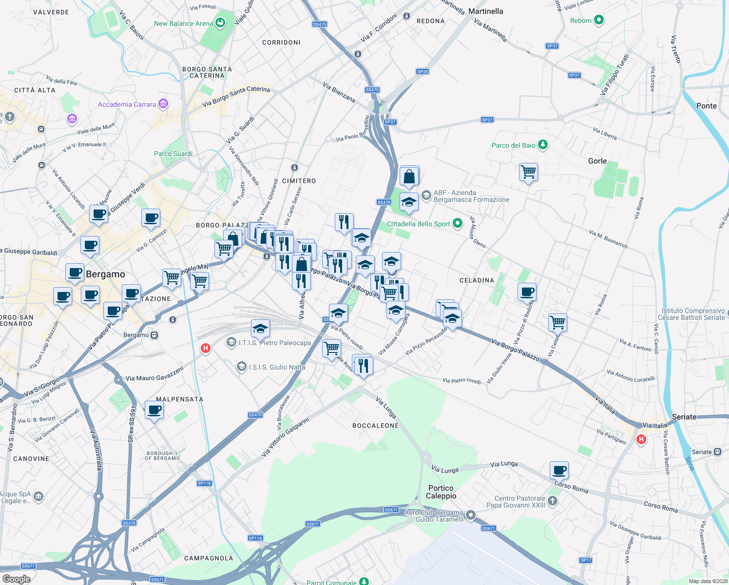 map of restaurants, bars, coffee shops, grocery stores, and more near 64 Via Andrea Gritti in Bergamo