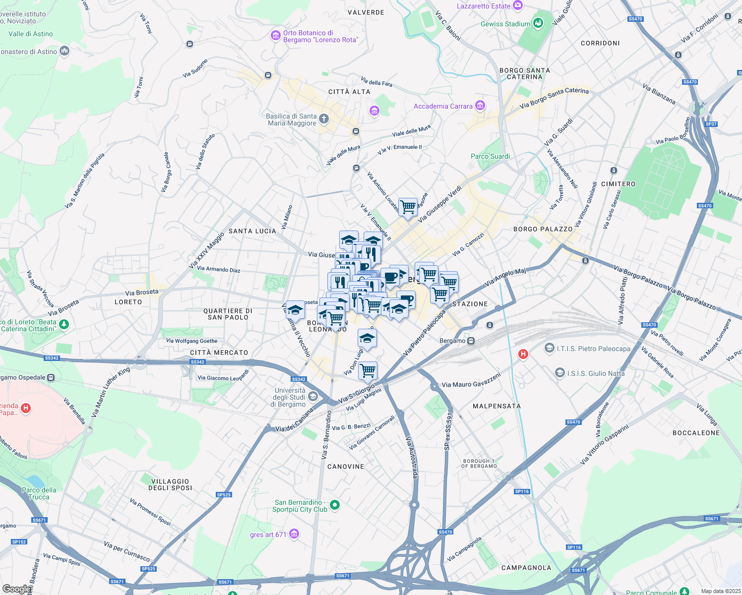 map of restaurants, bars, coffee shops, grocery stores, and more near in Bergamo