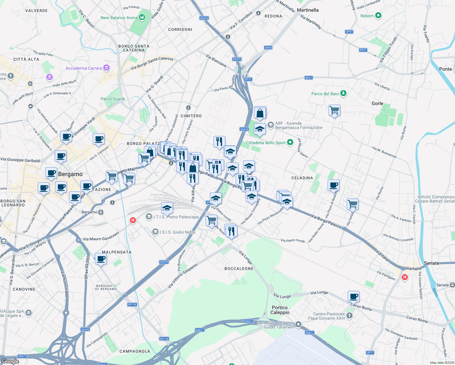 map of restaurants, bars, coffee shops, grocery stores, and more near 64 Via Andrea Gritti in Bergamo