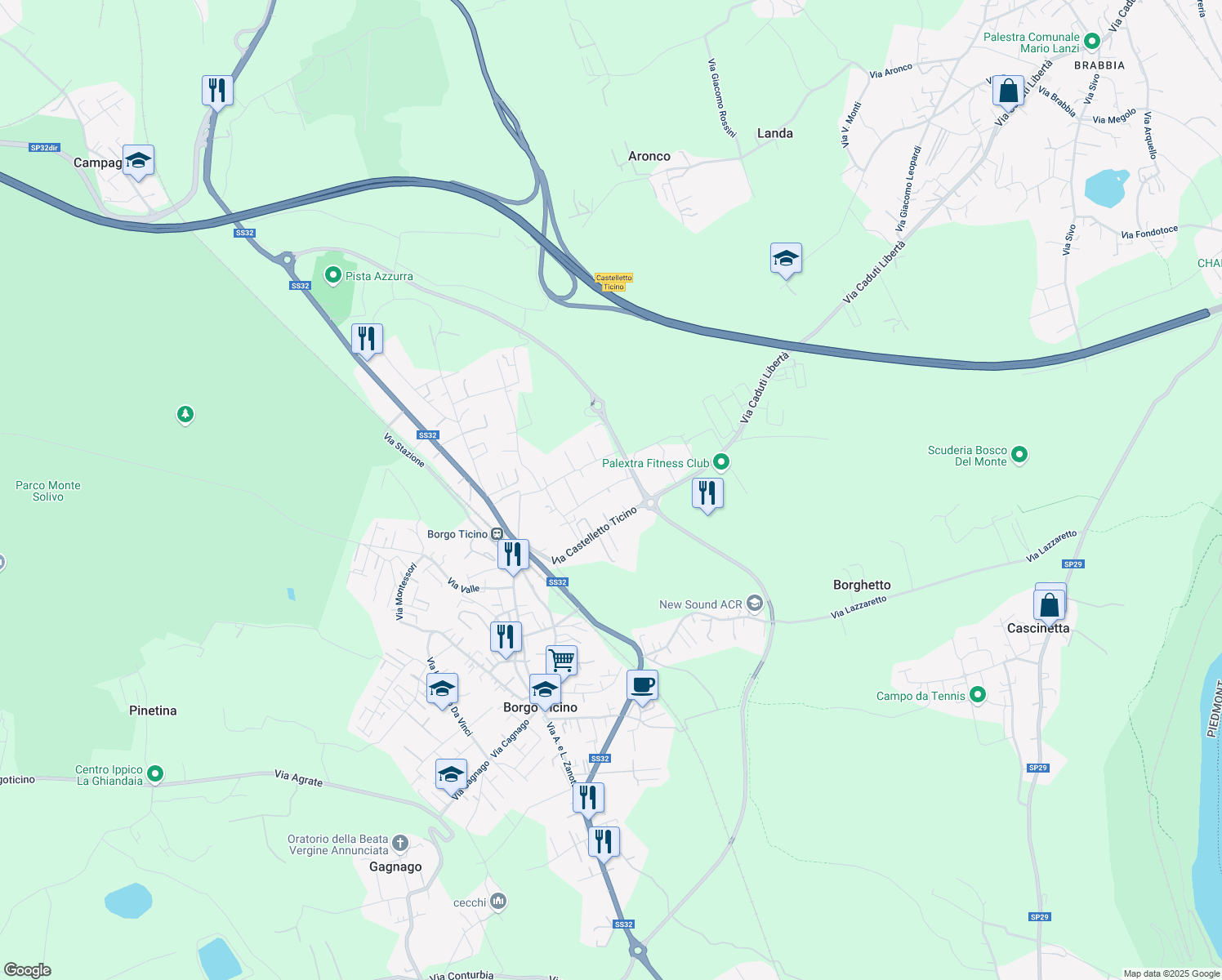 map of restaurants, bars, coffee shops, grocery stores, and more near 47 Via Castelletto Ticino in Borgo Ticino