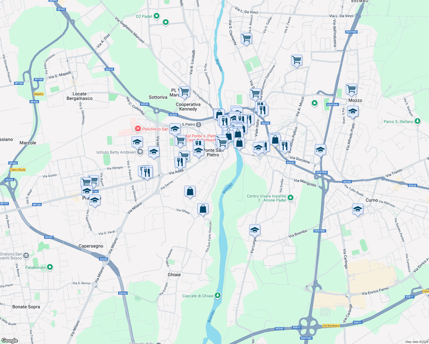 map of restaurants, bars, coffee shops, grocery stores, and more near 6 Via G. Mazzini in Ponte San Pietro